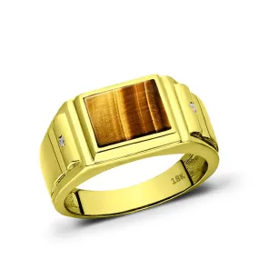 18K Gold Ring for Men Tiger's Eye Stone and 2 Natural Diamond Accents