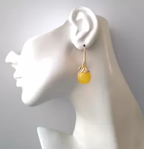 2 Leaf Yellow Jade Single Gem Drop Earrings