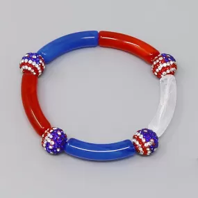 American Flag Glass Stone Pave Bead And Acetate Tube Stretch Bracelet