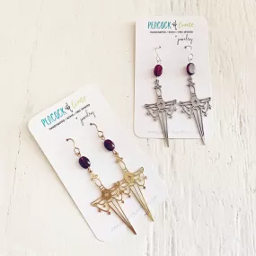 anelace // brass or steel garnet and dagger earrings