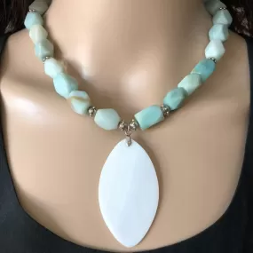 Blue Green Amazonite and White Shell Pendant Beaded Necklace