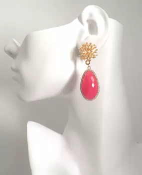 Branch Coral Stud with Haloed Salmon Pink Jade Long Drop Earrings