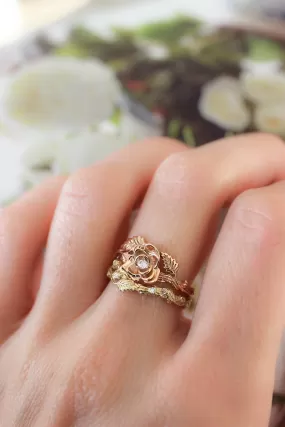 Bridal ring set with rose flower and diamonds / Blooming Rose