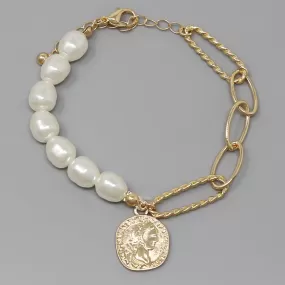 Coin Charm Pearl Beaded Bracelet