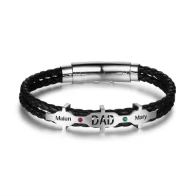 Designer Personalized Engraved Name Dad Bracelet with 2 Birthstones Black Leather Bracelets for Men Fathers Day Gifts