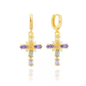 Fancy Cross Color CZ Diamond  Hoop Pendant Earrings