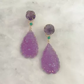 Flower Amethyst Stud with Green Agate & Carved Purple Jade Twinset Earrings