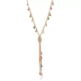 Gold Chain Lariat with Multi Colored Crystals and Tassel