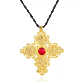 Golden Ethiopian Cross Coin Pendant with Large Crystal Center and Rope Necklace