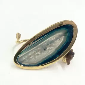 Green Agate Slice with carved Tigers Eye Turtle Cocktail Ring