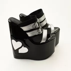 Heart Shaped Black Silver Peep Toe High Heel Wedge Mules