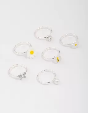 Kids Silver Daisy & Bumble Bee Ring 6-Pack