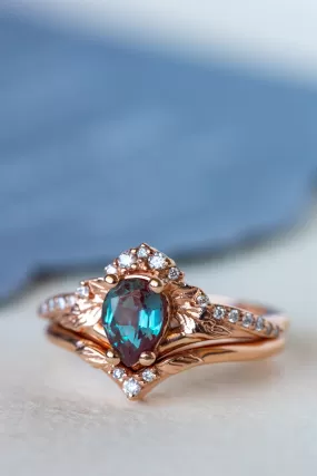 Lab created alexandrite engagement ring set, leaves and diamonds crown bridal ring set / Amelia