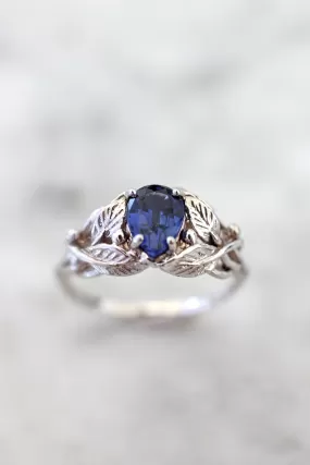 Lab sapphire engagement ring, leaves ring / Viola