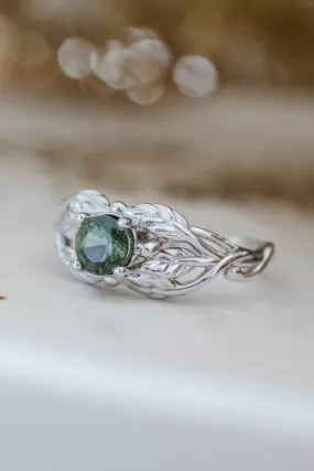 Natural green sapphire engagement ring, gold leaf ring / Tilia