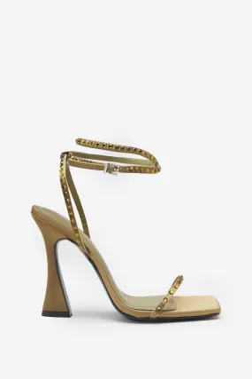 Nostalgia | Olive Green Satin Heeled Sandals With Diamante Straps