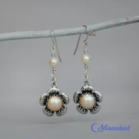 Pearl Earrings with Sterling Silver Flowers | Moonkist Designs