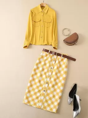 Plaid Skirt Outfit Set - Yellow