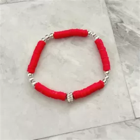 Red Polymer Clay and Silver Beaded Bracelet