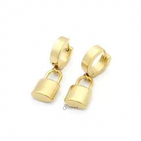 Stainless Steel Huggie Hoop Earrings with Padlock Charm - Gold