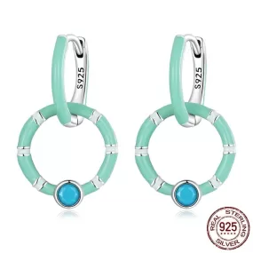 Summer Fashion Turquoise Double Ring Hoop Earring - 925 Sterling Silver